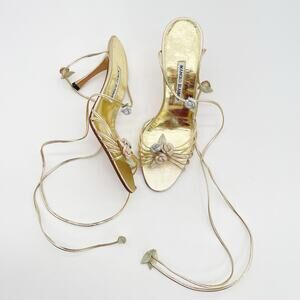 Manolo Blahnik 90s Vintage Gold Metallic Rosette Lace Up Sandal Heels IT 41.5